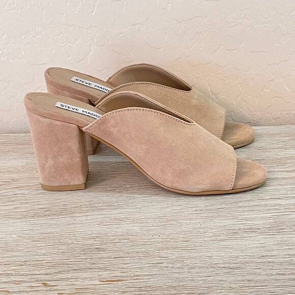 Steve Madden Sandals Slides Heels 6 Chance Tan Pink Taupe Stone Suede Leather - Picture 8 of 11